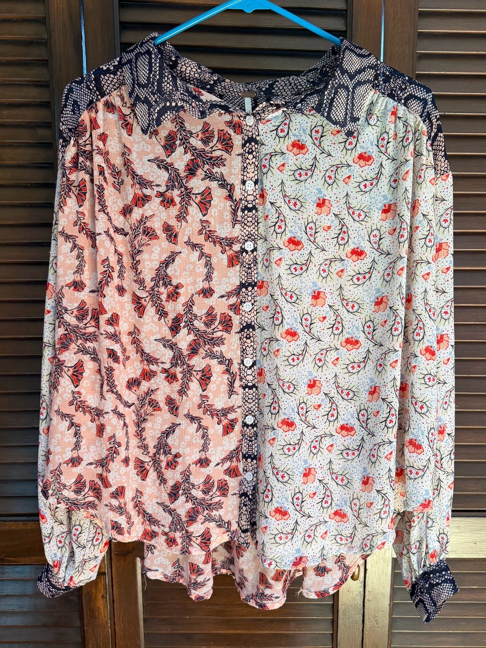Free People Mixed-Print Floral Button-Up Blouse in Pink and White